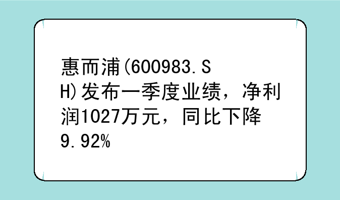 惠而浦(600983.SH)发布一季度业绩，净利润1027万元，同比下降9.92%